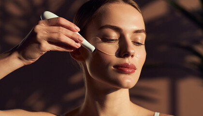 Obraz premium A serene woman enjoying a skincare routine with a facial ice glob mockup in a peaceful indoor setting