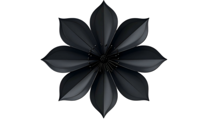A stark, black stylized flower with eight petals against a void backdrop