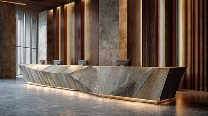 Reception space with angular stone desk framed by vertical wooden wall panels Rim-light natural textures brilliance enhances metallic