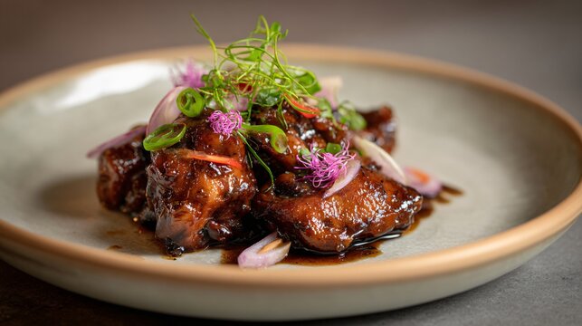 Filipino adobo chicken presented as minimalist restaurant main, neutral clay plate, soft shadows