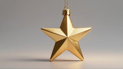 Golden festive star ornament hanging against gray background