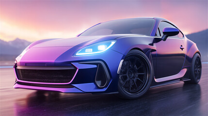 Fototapeta premium Futuristic purple sports car parked on wet asphalt under neon lights, dramatic angle and reflections. Modern automotive performance concept for branding, racing, and nightlife style.