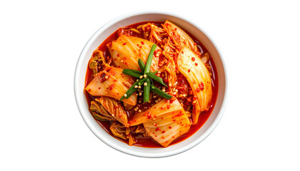 A vibrant overhead view of Korean kimchi in a white bowl, garnished with green onions
