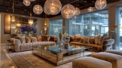 Rose beige and sapphire palette with metal-framed sofas ceiling light orbs and reflections on glass vases