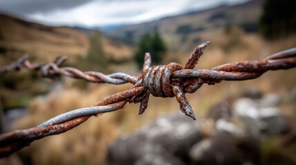 A close-up shot showcases the intricate details of a weathered, rusty barbed wire fence set against a blurred, mountainous backdrop in the countryside.