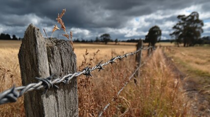 A weathered wooden fence post stands guard with a barbed wire fence in a field under stormy skies, embodying rustic strength and protection.