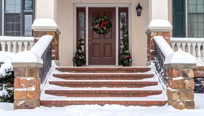 A snowy front porch with a festive wreath and decorated steps leading to a door