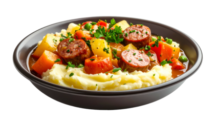 Hearty stew of sausage, vegetables, & potatoes, served in a brown bowl