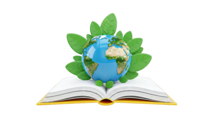 Globe on Open Book with Green Leaves