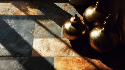 Rustic ochre and jet black color pairing with natural daylight spotlighting brushed brass ornaments and deep floor shadows