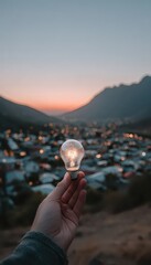 Illuminating ideas: A hand holds a glowing lightbulb against a scenic sunset backdrop and twinkling city lights, symbolizing bright innovation.