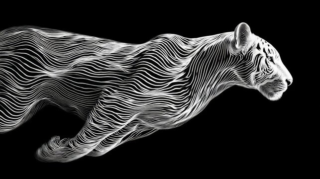 Abstract black and white flowing lines depicting a dynamic tiger in motion, perfect for showcasing speed and power.
