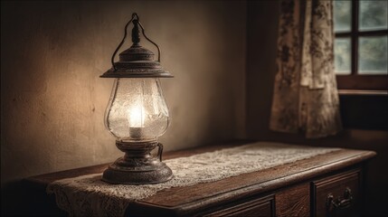 Illuminating Yesterday: An antique oil lamp casts a warm glow on a vintage wooden dresser with delicate lace, time-honored charm.
