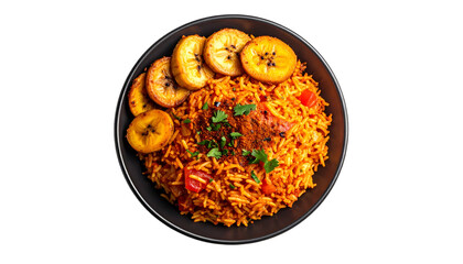 Overhead shot of a bowl with vibrant orange rice, topped with fried plantains and herbs