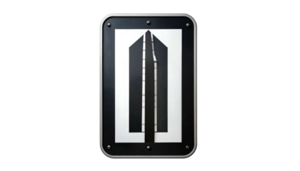 A black and white emblem featuring a centered arrow-like design within a rectangular frame