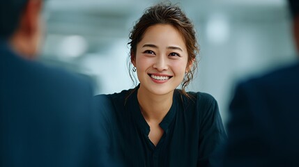 Professional business woman smiling during a meeting in modern office, showcasing confidence, communication skills, leadership, teamwork, and success