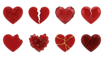 Red heart set including broken, cracked, faceted, crystal, and kintsugi styles isolated. Romantic concept and Valentine's Day collection.