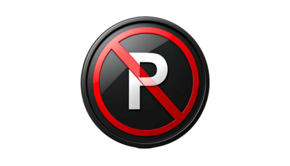 A glossy, black circular sign with a red slash through a white 'P', signaling no parking
