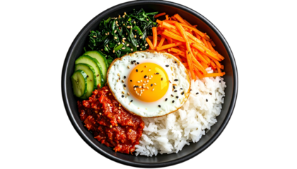 A close-up, overhead view of a vibrant Bibimbap bowl with colorful toppings