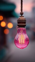 A vibrant, pink-tinted light bulb hangs gracefully from a rustic rope, radiating warm light against a blurred, dreamy urban backdrop.