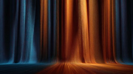 Sky blue and rust orange palette with elegant vertical light rays rich fabric textures and shimmering floor reflection