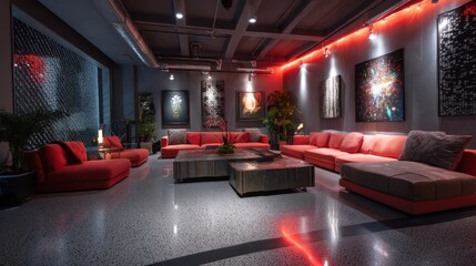 Slate grey and neon coral lounge with glossy terrazzo floor pinpoint LED uplighting and high dynamic reflections on