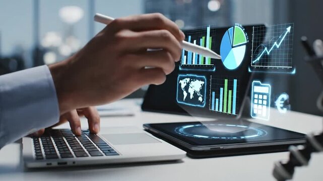 Professional analyzing financial data and market trends using advanced AI tools, holographic interface, and laptop. Driving business intelligence, data visualization, and strategic decision-making...