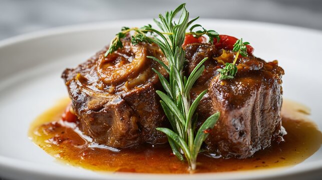 Italian osso buco refined into a clean plated portion, light gray background, contemporary trattoria style