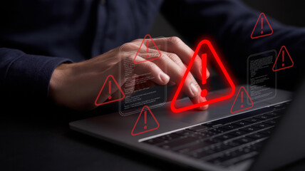 Ransomware malware attack and data breach: businessman using laptop with spam virus warning and caution notification for internet security protect © Kerianna