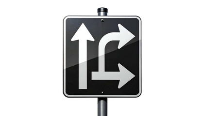 Black and white road sign indicating traffic directions on a dark background