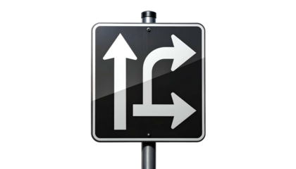 Black and white road sign indicating traffic directions on a dark background