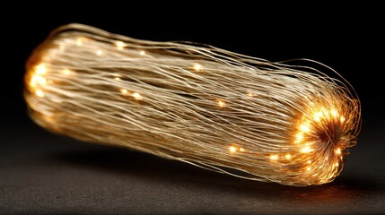 A cluster of delicate copper wire lights glows warmly against a dark backdrop, creating a magical and inviting atmosphere. It is elegant and cozy.