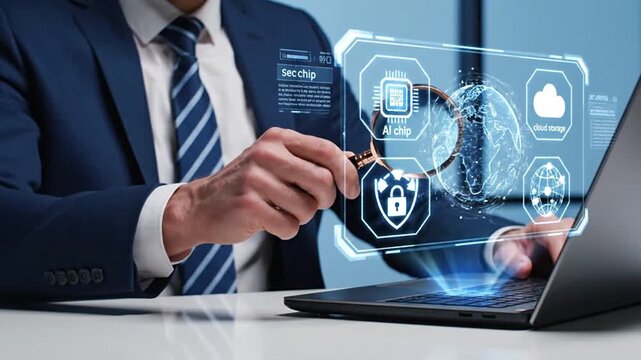 Businessman examining AI chip and cloud storage on a futuristic digital interface, symbolizing advanced cybersecurity, data management, and the integration of artificial intelligence for business...