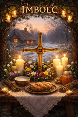 Imbolc Altar with Brigid's Cross and Candles, Celtic Imbolc Celebration Ritual Setup, Pagan Brigid Goddess Altar Ideas, Wiccan Imbolc Sabbat Decorations, Saint Brigid's Day Traditional Altar