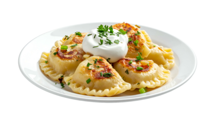 A plate of golden-brown, pan-fried, filled dumplings, topped with sour cream and chives