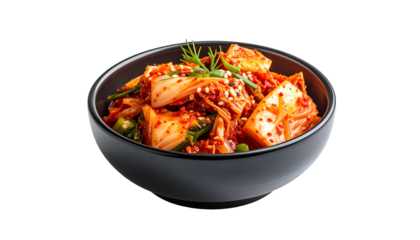 Vibrant close-up of kimchi in a black bowl, garnished with green sprigs