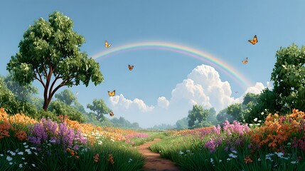 Beautiful scenic landscape featuring vibrant rainbow over lush garden with colorful flowers, tall trees, bright sky, and peaceful outdoor atmosphere