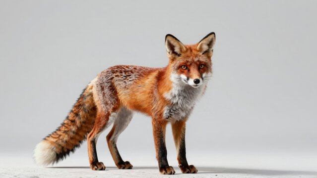 Red fox standing alert against gray background