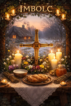 Imbolc Altar with Brigid's Cross and Candles, Celtic Imbolc Celebration Ritual Setup, Pagan Brigid Goddess Altar Ideas, Wiccan Imbolc Sabbat Decorations, Saint Brigid's Day Traditional Altar