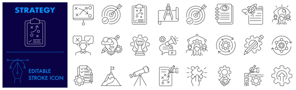 Strategy Icon Set.  Tactics, Vision, Solution, Plan, Mission, Decision making, Chess, Leadership, Focus, Goal and Editable Stroke Icon