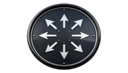 A circular sign with eight outward-pointing white arrows on a dark, reflective surface