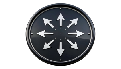 A circular sign with eight outward-pointing white arrows on a dark, reflective surface