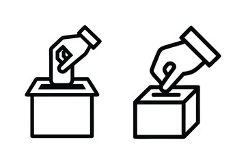 Clean line art icons representing hands actively casting ballots into secure election boxes, emphasizing citizen participation and the democratic voting process through modern graphic design