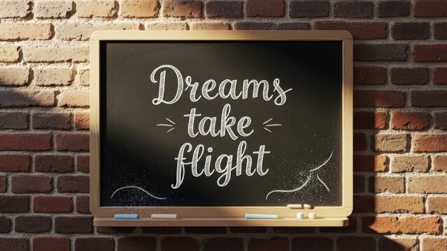 Inspirational message 'Dreams take flight' handwritten on a vintage chalkboard with chalk and brick background.