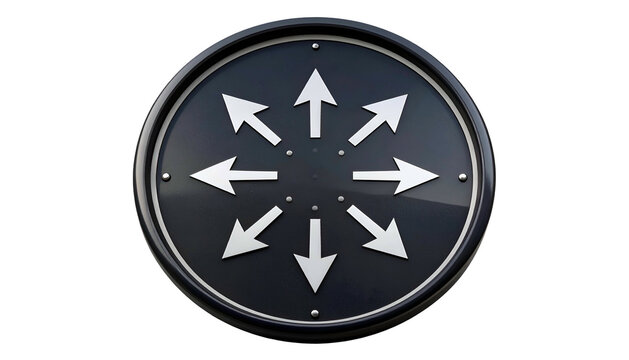 A circular sign with eight outward-pointing white arrows on a dark, reflective surface - Powered by Adobe