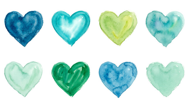 Watercolor heart set including shades of blue, green, and teal painted shapes isolated. Romantic wedding and greeting card design collection.