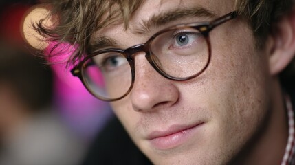 Close-up shot of a young man with glasses, soft lighting, and a thoughtful expression. Blue eyes stand out against his fair skin.