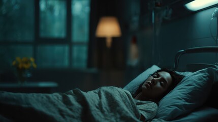 An unwell woman rests in her hospital bed; light peeks through the window. She is lying still, hoping for a swift recovery and better health.