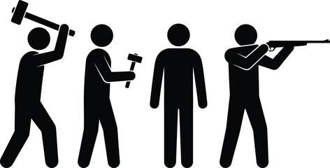 Set of black vector stick figure pictograms depicting actions like swinging a sledgehammer, holding a hammer and shooting a rifle. © MdAminur