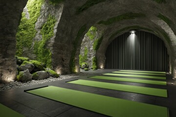 Subterranean yoga room with curved stone walls moss accents green and charcoal theme slatted light overhead grates creating